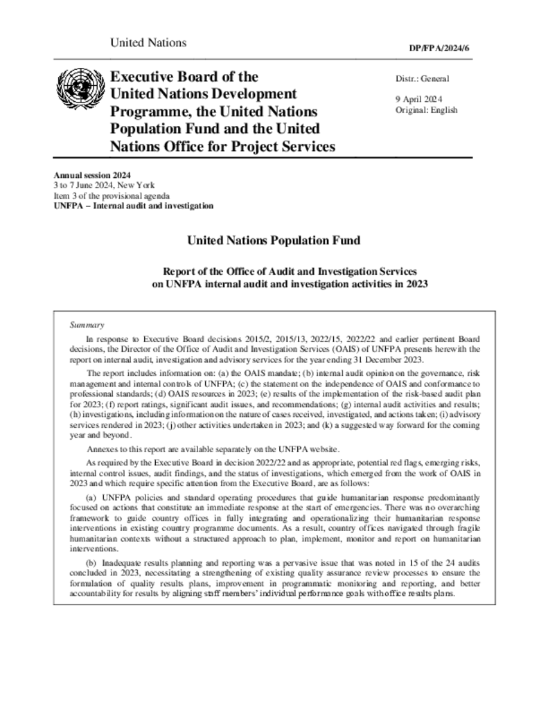 Report of the Director of the Office of Audit and Investigation Services on UNFPA internal audit and investigation activities in 2023