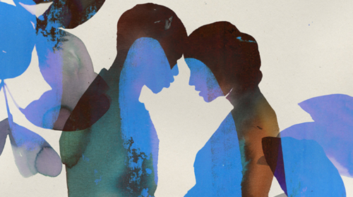 A watercolour rendition of a couple in profile, in blue against a pale background; the woman on the right is pregnant